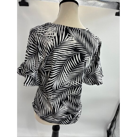89TH + MADISON Women's Black White Palm Print Blouse M Ruffle Sleeve - Picture 4 of 6